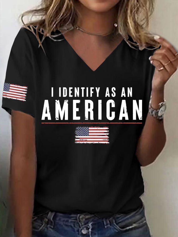 Women's I Identify As An American Print V Neck T-shirt