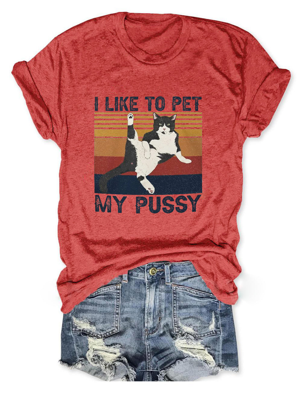Women's I Like To Pet My Pussy Print Crew Neck T-Shirt