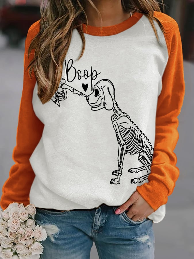 Retro Halloween Dog Skeleton Print Sweatshirt