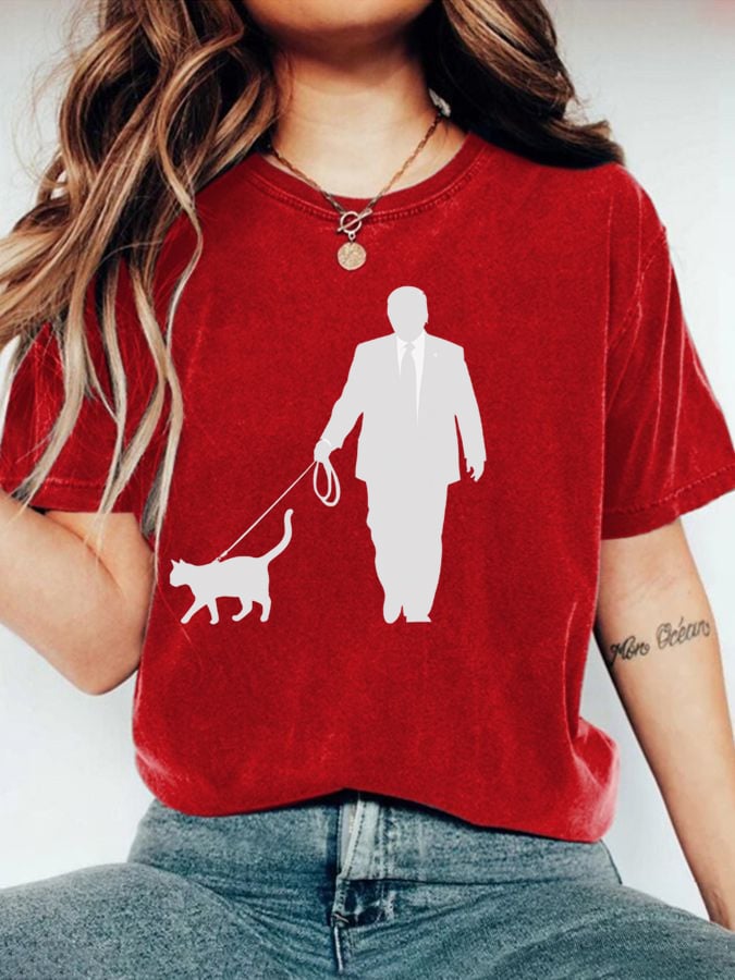 Women's Walking The Cat Print Crew Neck T-Shirt