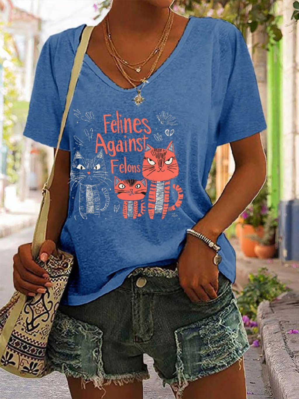 Women's Felines Against Felons Print V-Neck T-Shirt