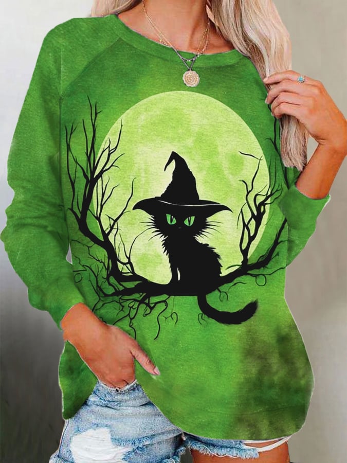 Women's Halloween Black Cat With Witch Hat Print Casual Sweatshirt