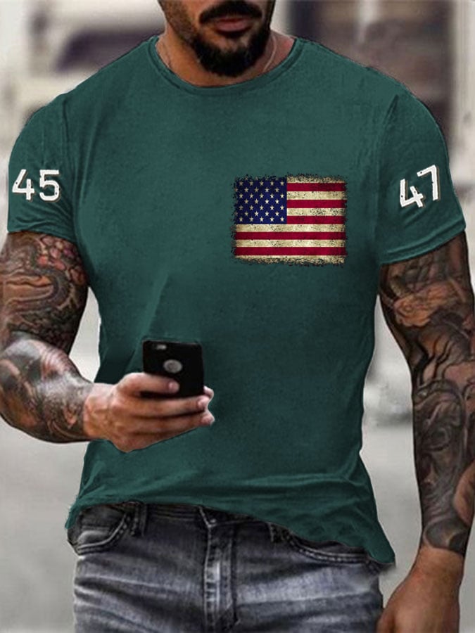 Men's 45-47 American Flag Printed Casual T-Shirt