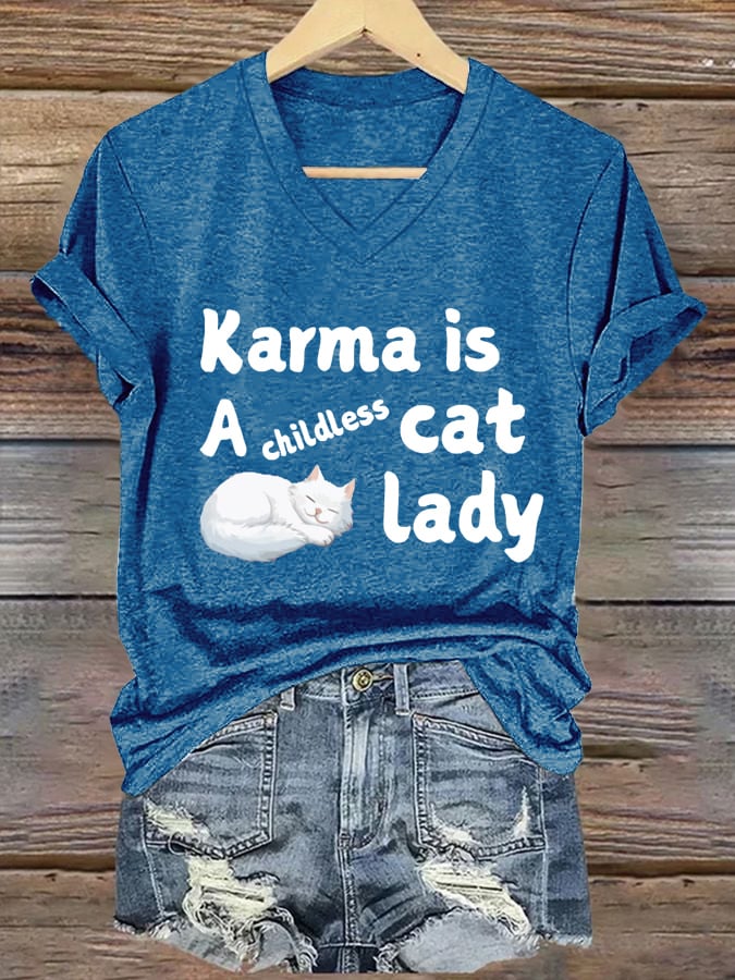 Women's Karma Is A Childless Cat Lady Printed Casual V-Neck T-Shirt
