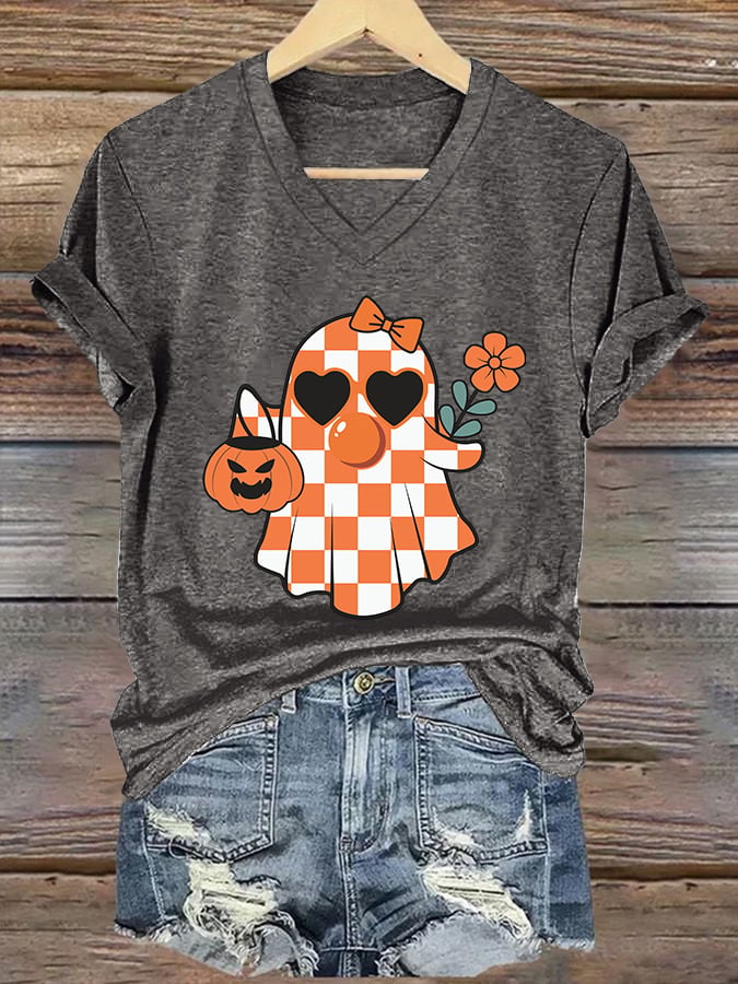 Women's Cute Ghost Printed V Neck T-shirt