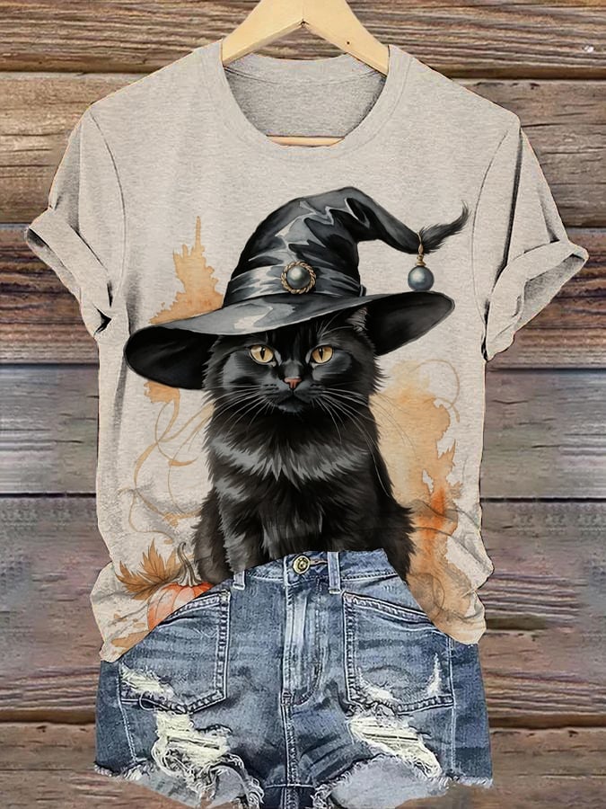 Women's Halloween Witch Kitten Print Round Neck Short Sleeve T-Shirt
