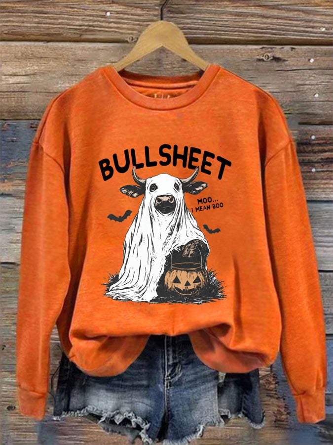 Women's Halloween Bullsheet Print Crew Neck Sweatshirt
