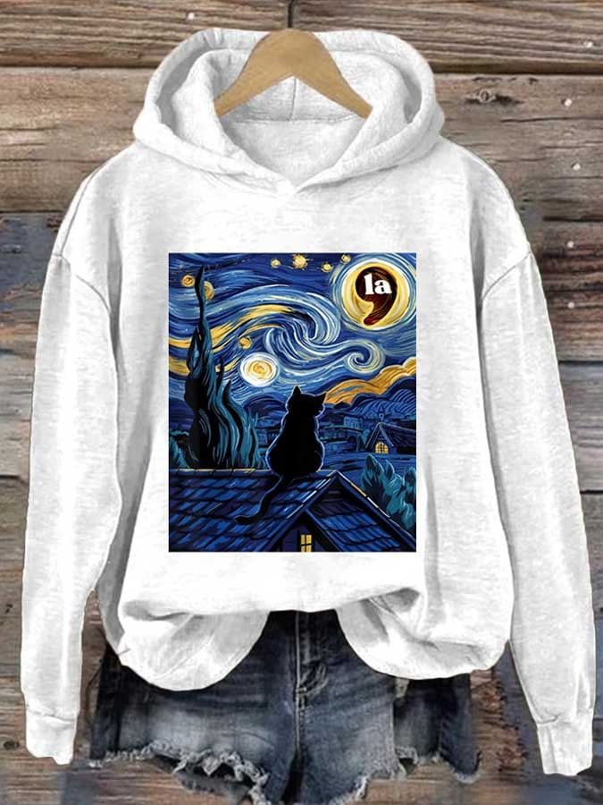 Retro Cat LA Starry Night Print Hoodie