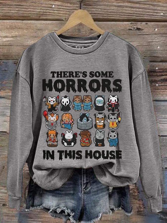 Women's There'S Some Horrors In This House, Halloween Cat Print Long Sleeve Sweatshirt