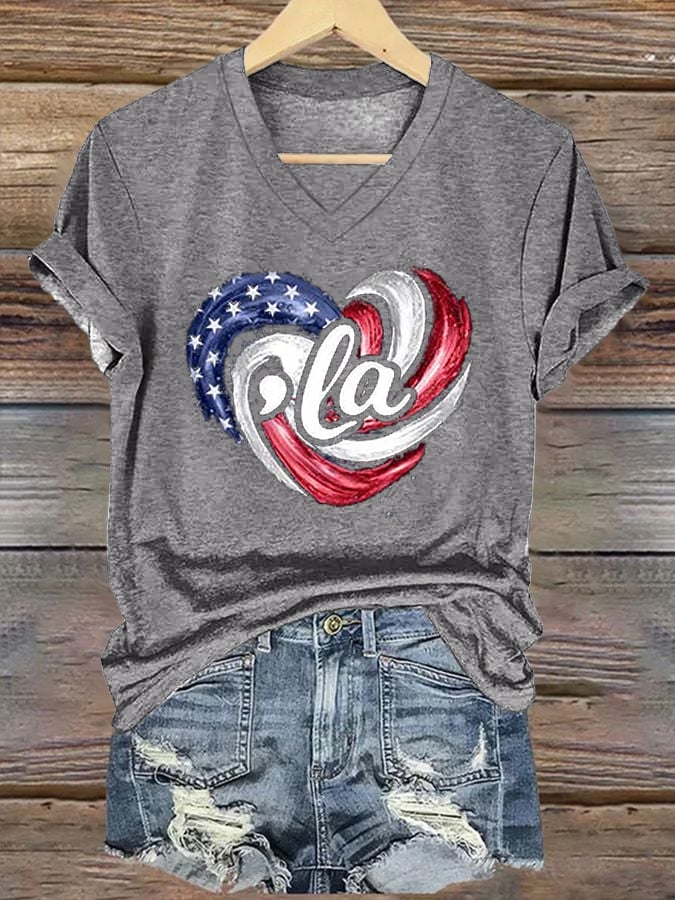 La Flag Printed Casual V Neck T-Shirt