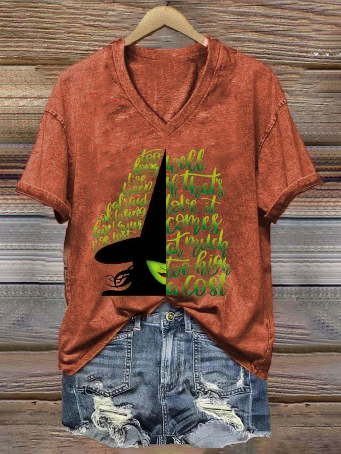 Women's Halloween Too Long I've Been Afraid Of Losing Love Witch Print V-Neck T-Shirt