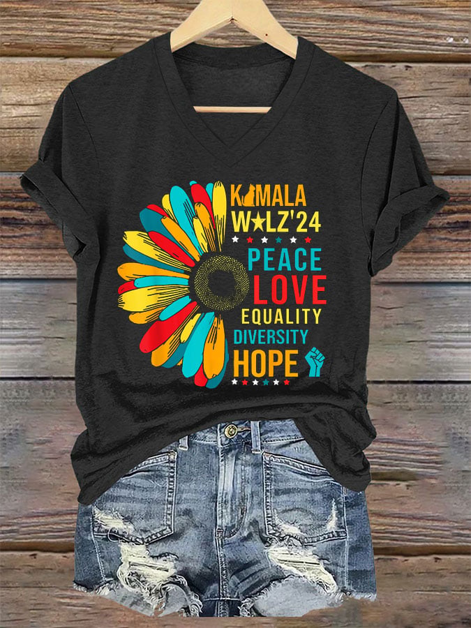 Women's Peace Love Equalty Sunflower Print T-Shirt