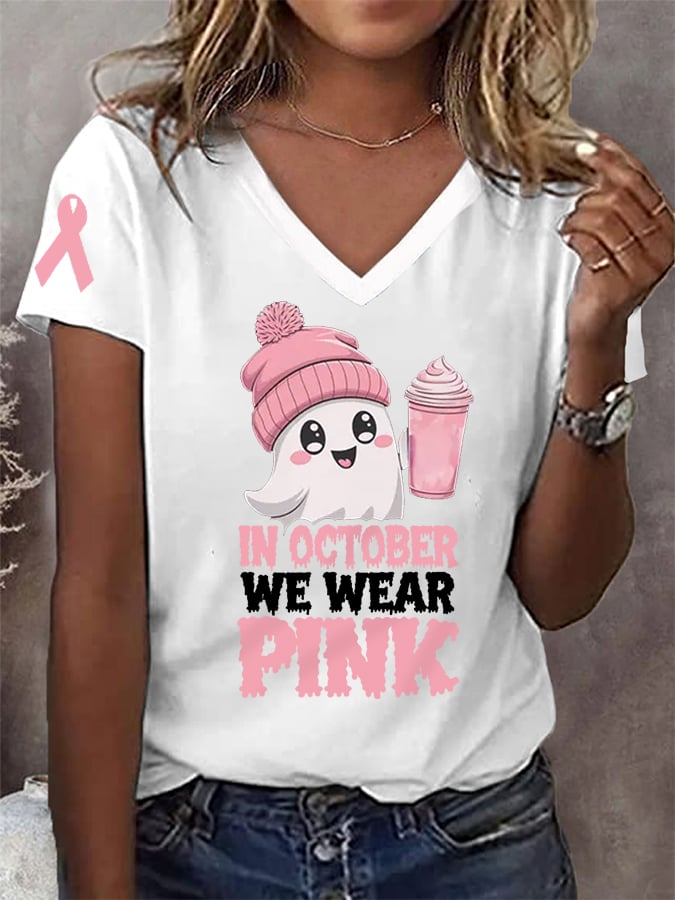 Women's In October We Wear Pink Halloween Ghost Breast Cancer Awareness Warrior V-Neck Tee