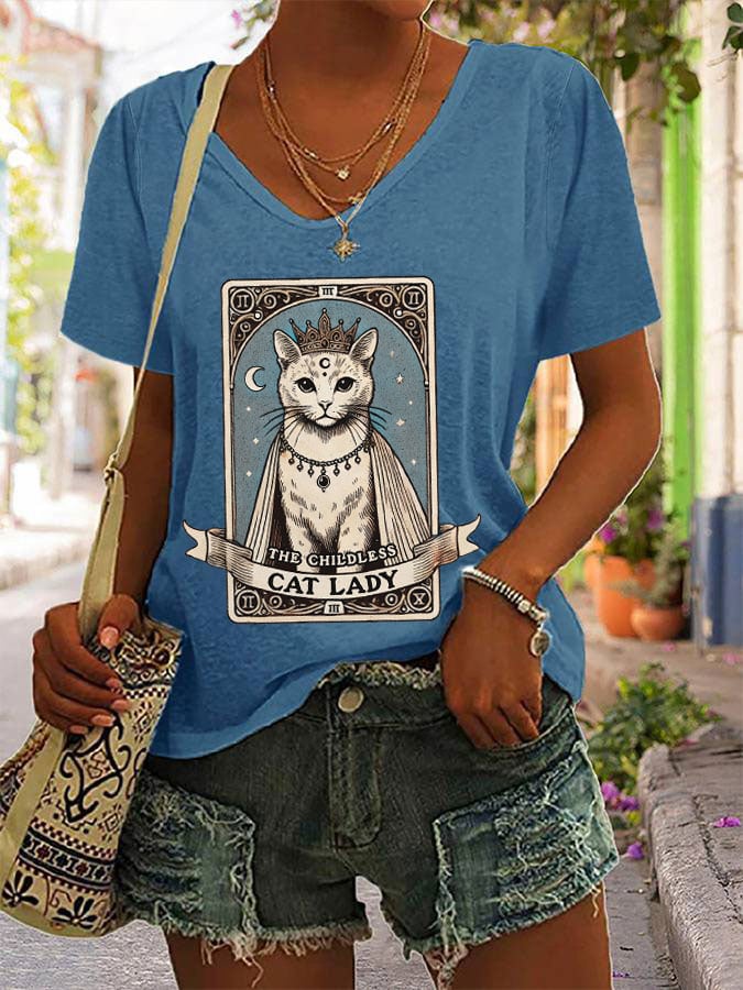 Women's Childless Cat Lady Print Round Neck T-Shirt