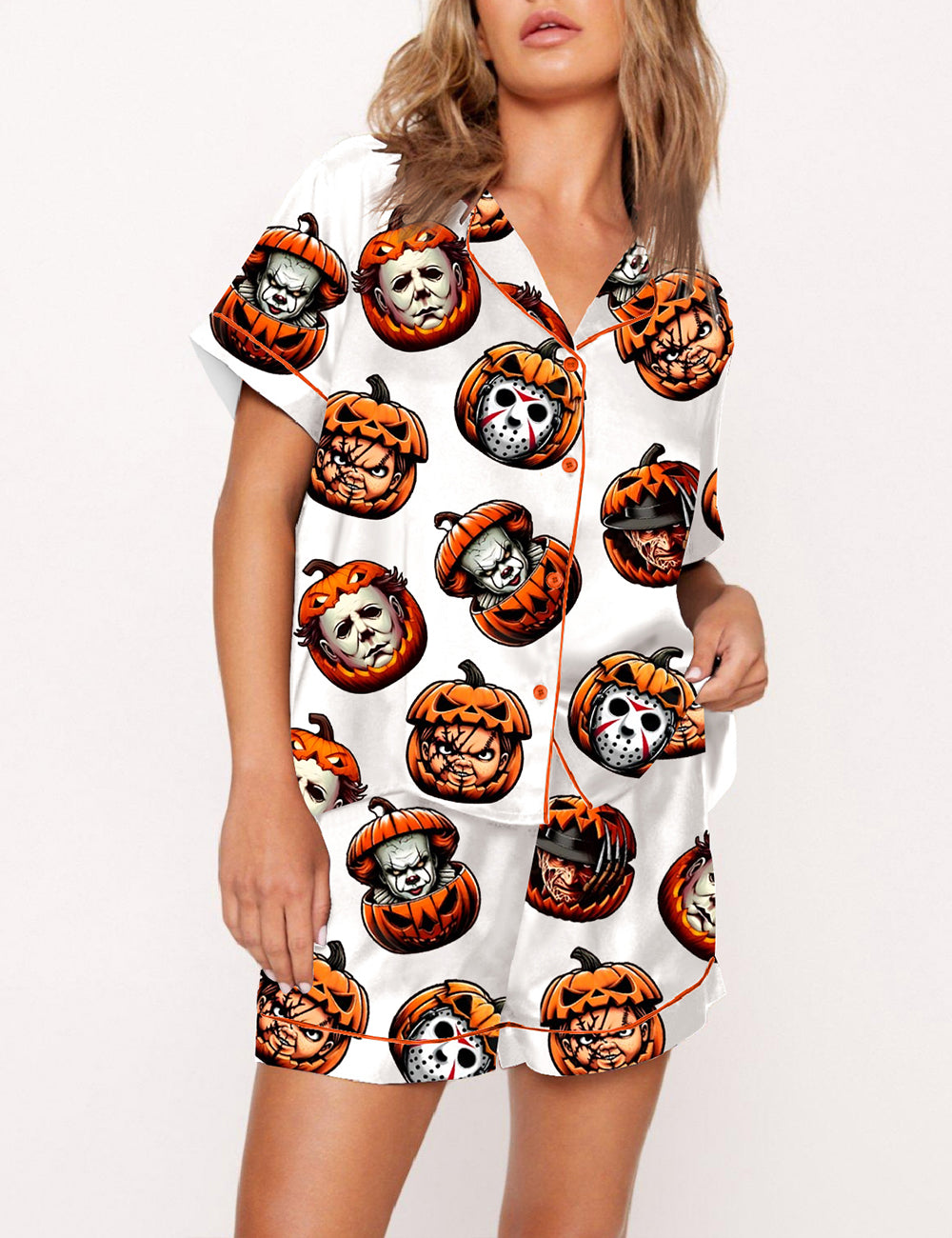 Women's Horror Characters Friends Pumpkin Pajama Set