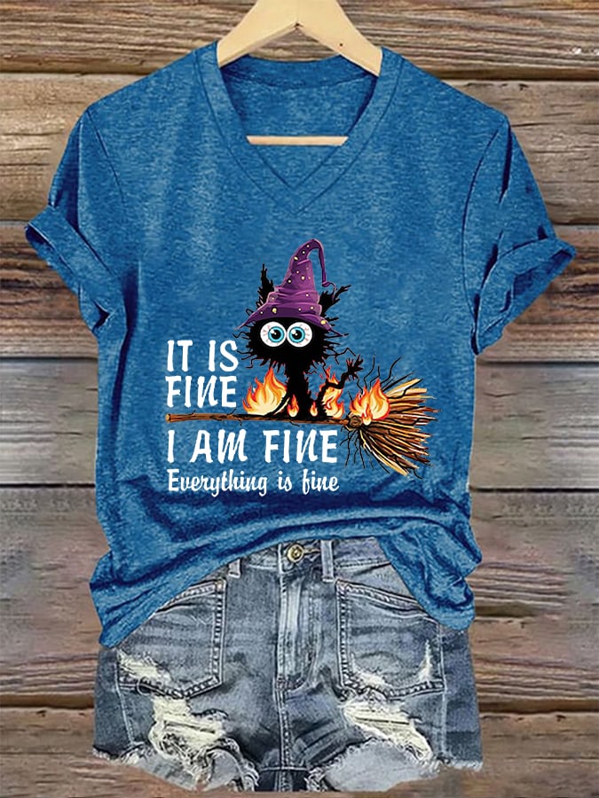 Women's Funny Halloween It's Fine I'm Fine It's Not My Blood Black Cat Print T-Shirt