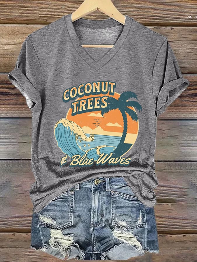 Women's Coconut Trees Blue Waves print casual T-shirt