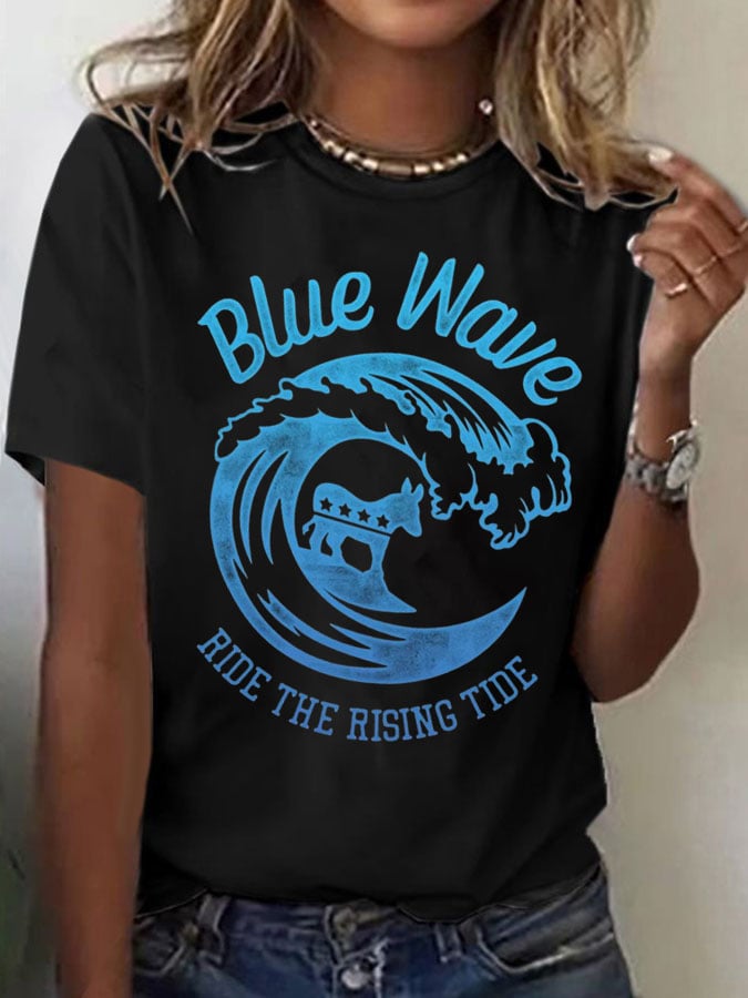 Women's Blue Rides The Waves Printed Short-Sleeved T-Shirt