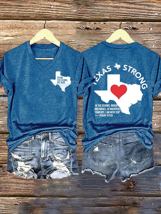 V-Neck Retro Texas Strong From The Flood, We Rise Texas Strong In The Storms, Winds And Waves, He Whispers,“Fear Not, I Am With You”— Psalm 107:29 Print T-Shirt