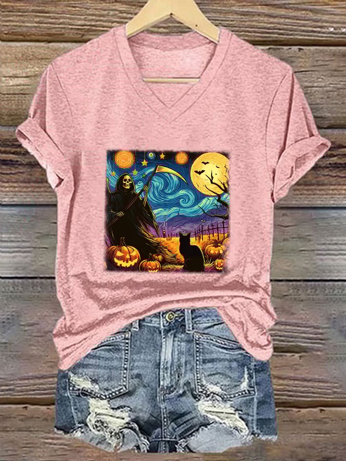 Women's Halloween Oil Painting Cat Print V-Neck T-Shirt