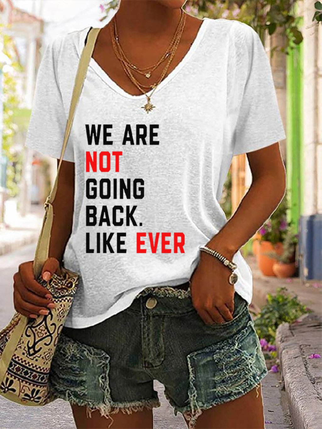 Women's We Are Not Going Back Like Ever Comma La Print V-Neck T-Shirt