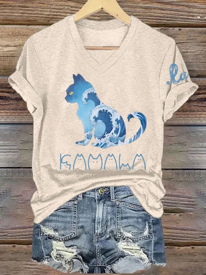 Women's La  Blue Wave Cat Printed Short-Sleeved T-Shirt
