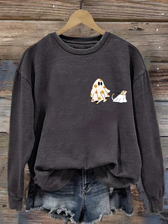 Retro Halloween Ghost And Dog Print Sweatshirt