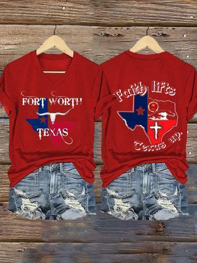 Women's Texas Flood Faith lifts  Texas up Print V-Neck T-Shirt