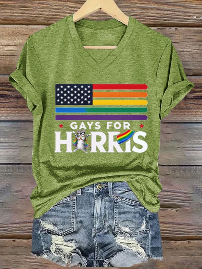 Women's Cat Colorful American Flag Print Casual T-Shirt