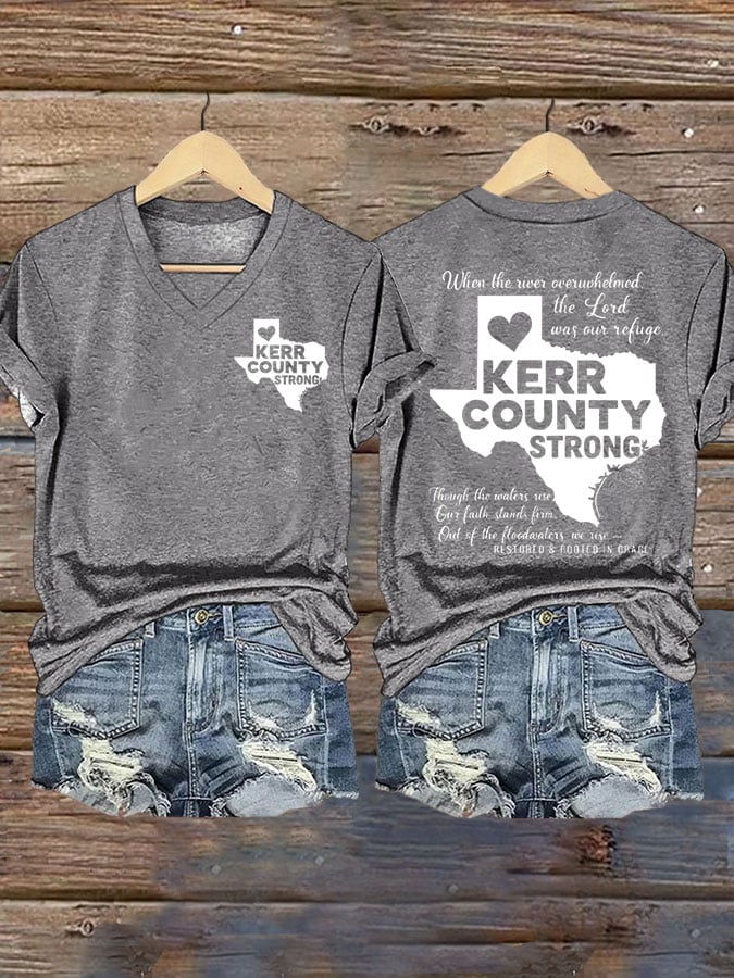 Women's Texas Flood KERR COUNTY STRONG Print V-Neck T-Shirt