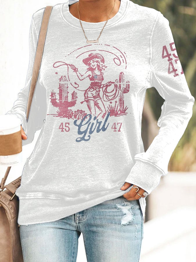 Retro 45 47 Flag Western Cowboy Girl Cactus Print Sweatshirt
