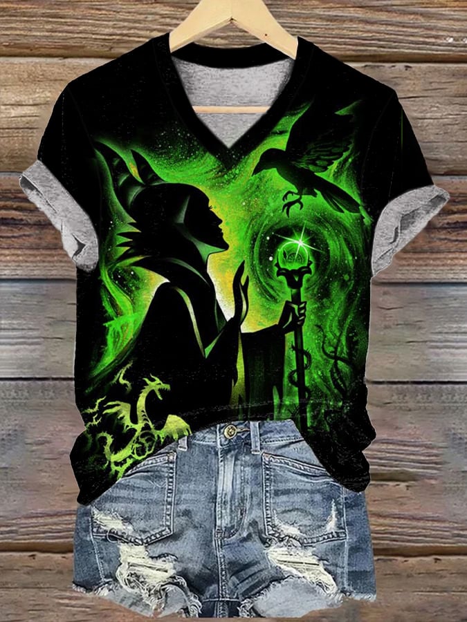 Women's Witch Print V Neck T-shirt