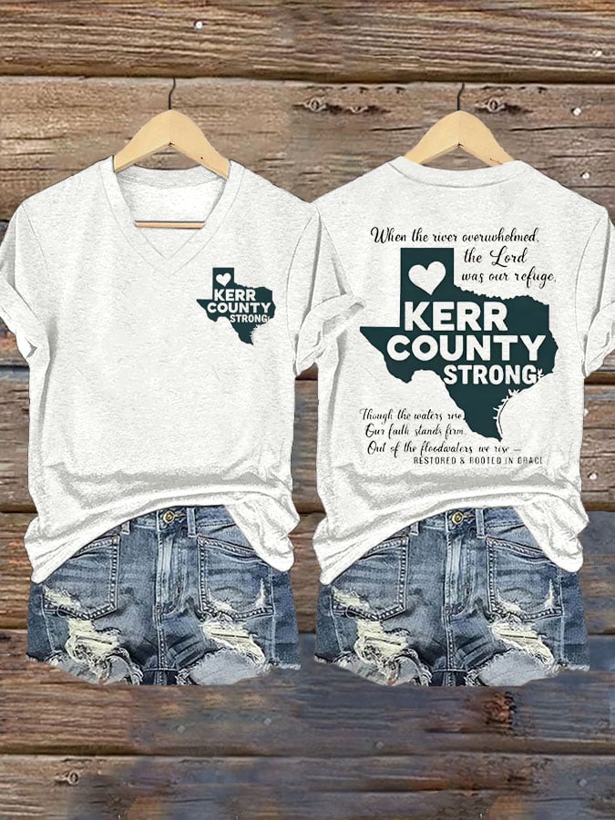 Women's Texas Flood KERR COUNTY STRONG Print V-Neck T-Shirt