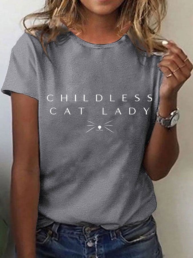Women's Childless Cat Lady Print O-Neck T-Shirt