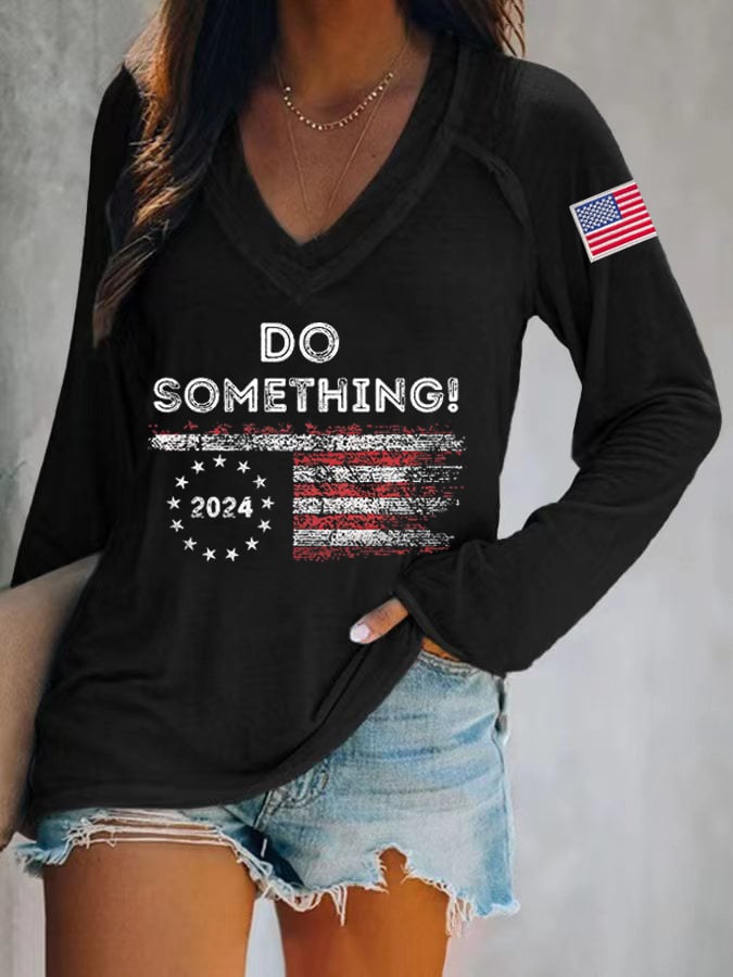 Women's Do Something Long Sleeve V-Neck Printed T-Shirt