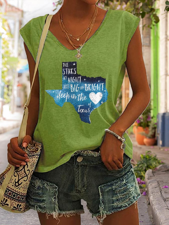 V Neck Retro Texas Strong The Stars At Night Are Big And Bright Deep In The Heart Of Texas Print Tank Tops