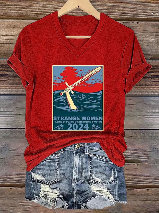 Women's Strange Women Lying In Ponds Distributing Swords Print T-Shirt