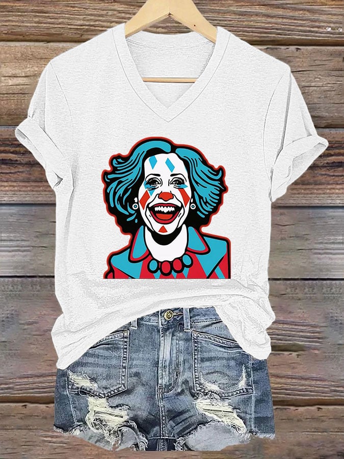 Women's Clown Print V-Neck T-Shirt