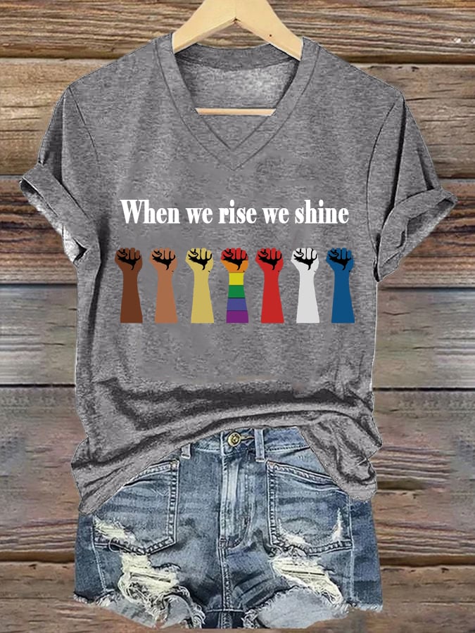Women's When We Rise We Shine Printed V-Neck Short-Sleeved T-Shirt