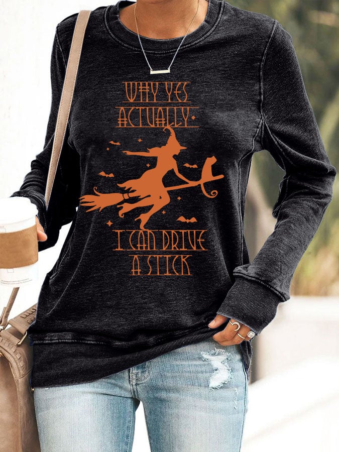 Women's Yes I Can Drive A Stick Print Round Neck Sweatshirt