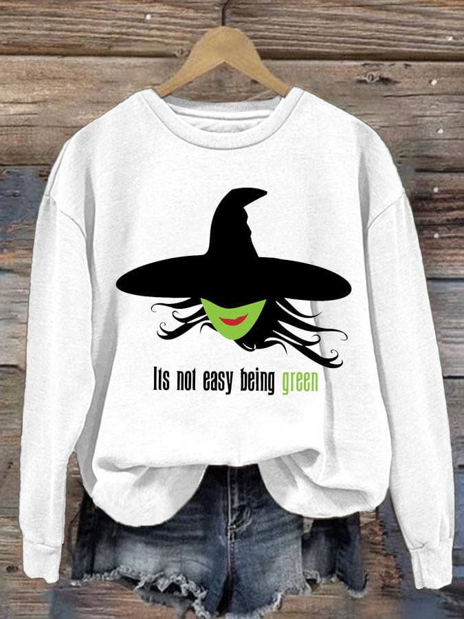 Women's Its Not Easy Being Green Witch Print Round Neck Sweatshirt