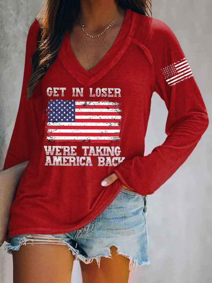 Women's Get In Loser We're Taking America Back 2024 Vote MAGA American Flag Long-Sleeve Top