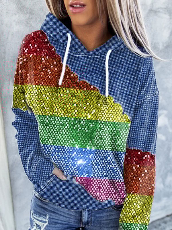 Women's Shiny Rainbow Gliter Pride Printed Hoodie