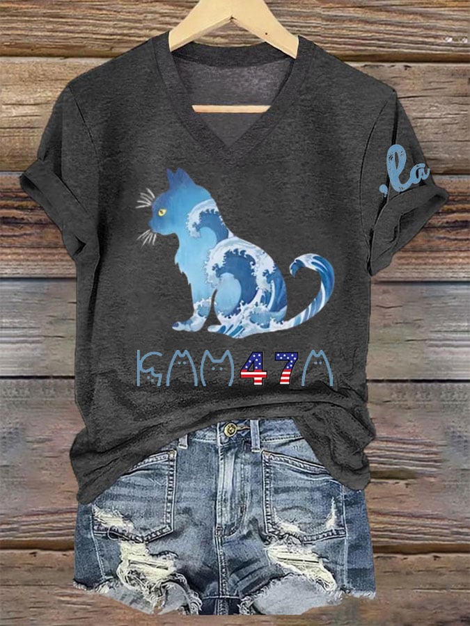 Women's La  Blue Wave Cat Printed Short-Sleeved T-Shirt