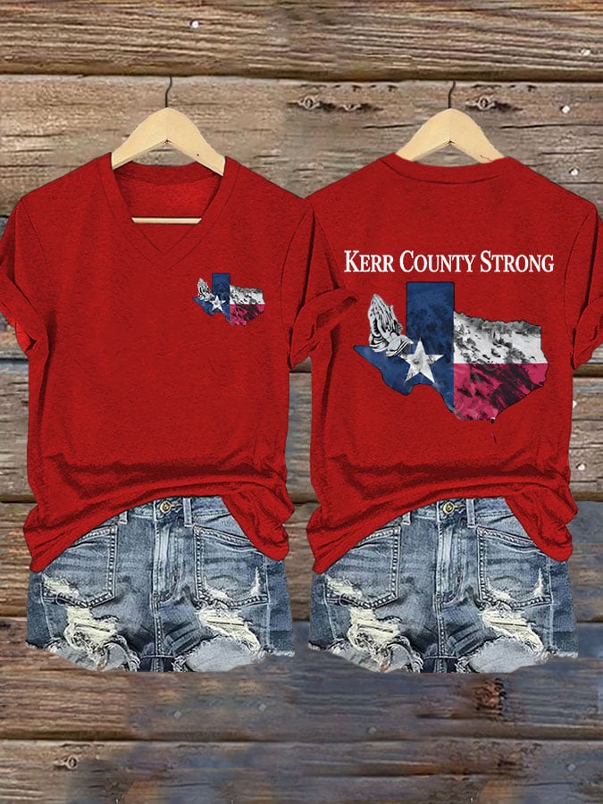 Women's Texas Flood KERR COUNTY STRONG Print V-Neck T-Shirt