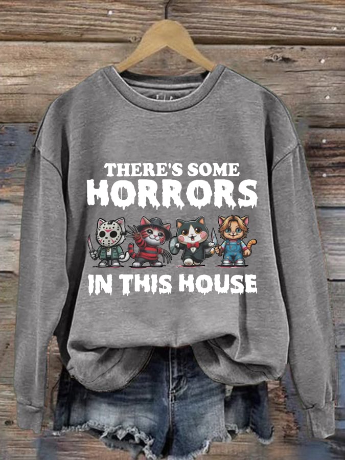 Women's There'S Some Horrors, Halloween Cat Print Long Sleeve Sweatshirt