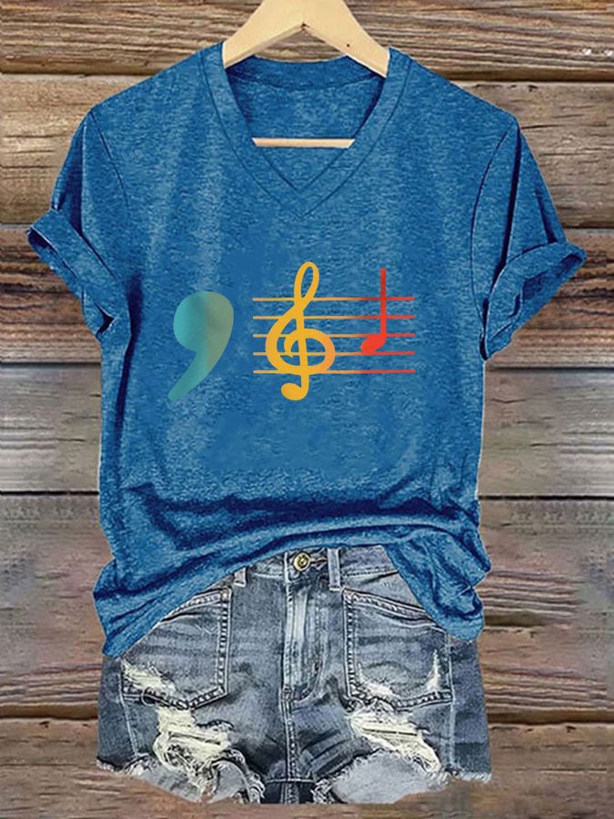 Women's La Music Print V-Neck T-Shirt