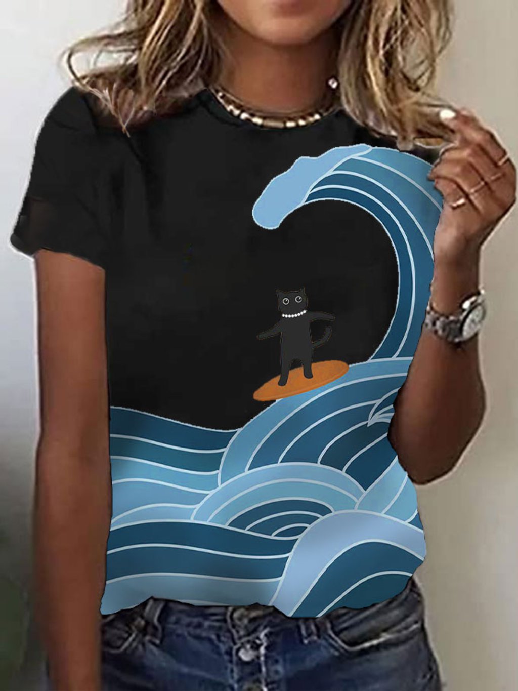 Women's Surfing Cat&Blue Wave Print T-Shirt