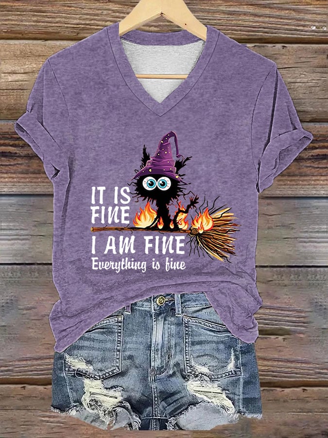 Women's Funny Halloween It's Fine I'm Fine It's Not My Blood Black Cat Print T-Shirt
