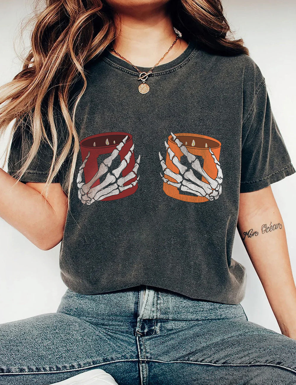 Women's Fall Candle Skelly Hands Print T-Shirt